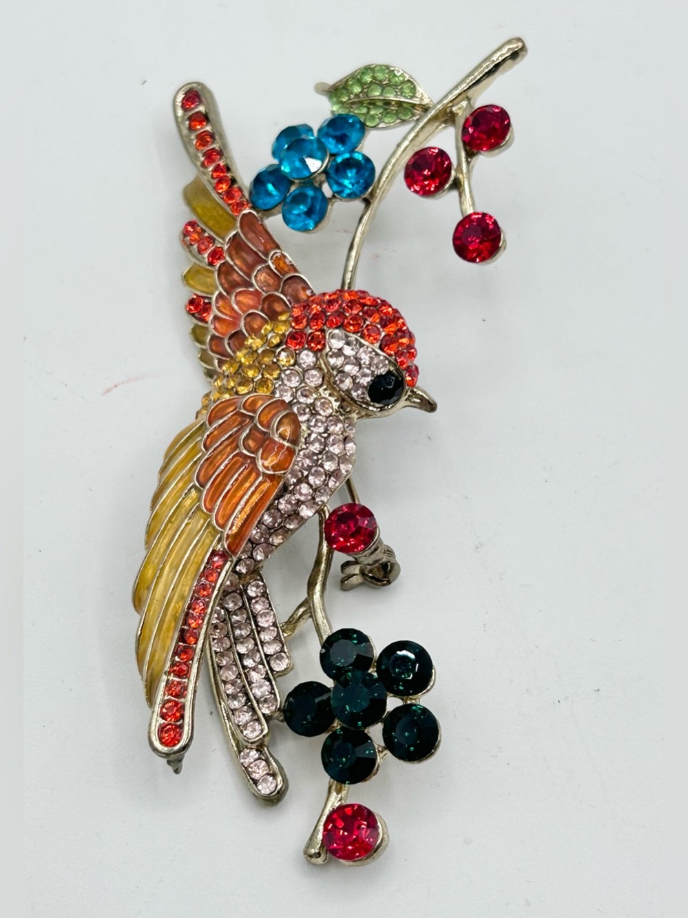 Vintage Bird Flower Fashion Brooch Pin Rhinestone Multi Enamel Large 4"